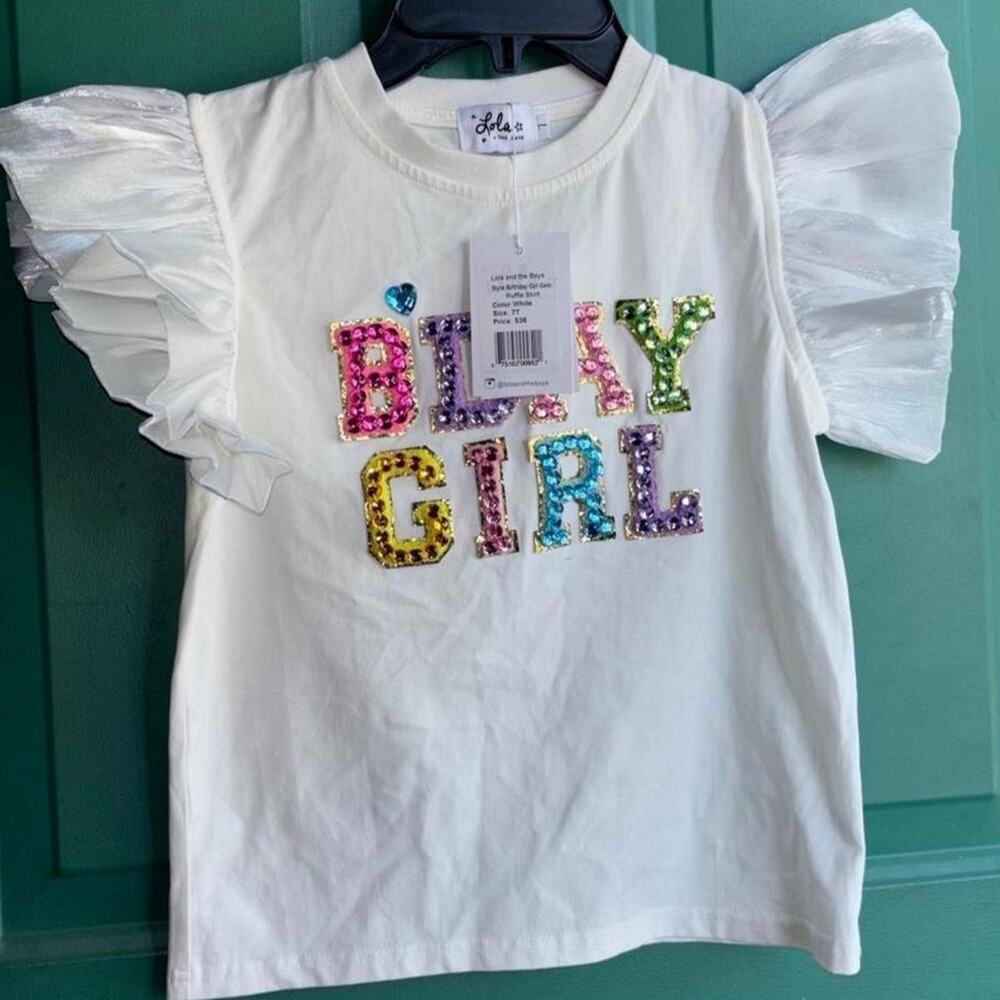 Lola and the boys size 7 b’day bday birthday shirt 7 NWT with tiny ink mark